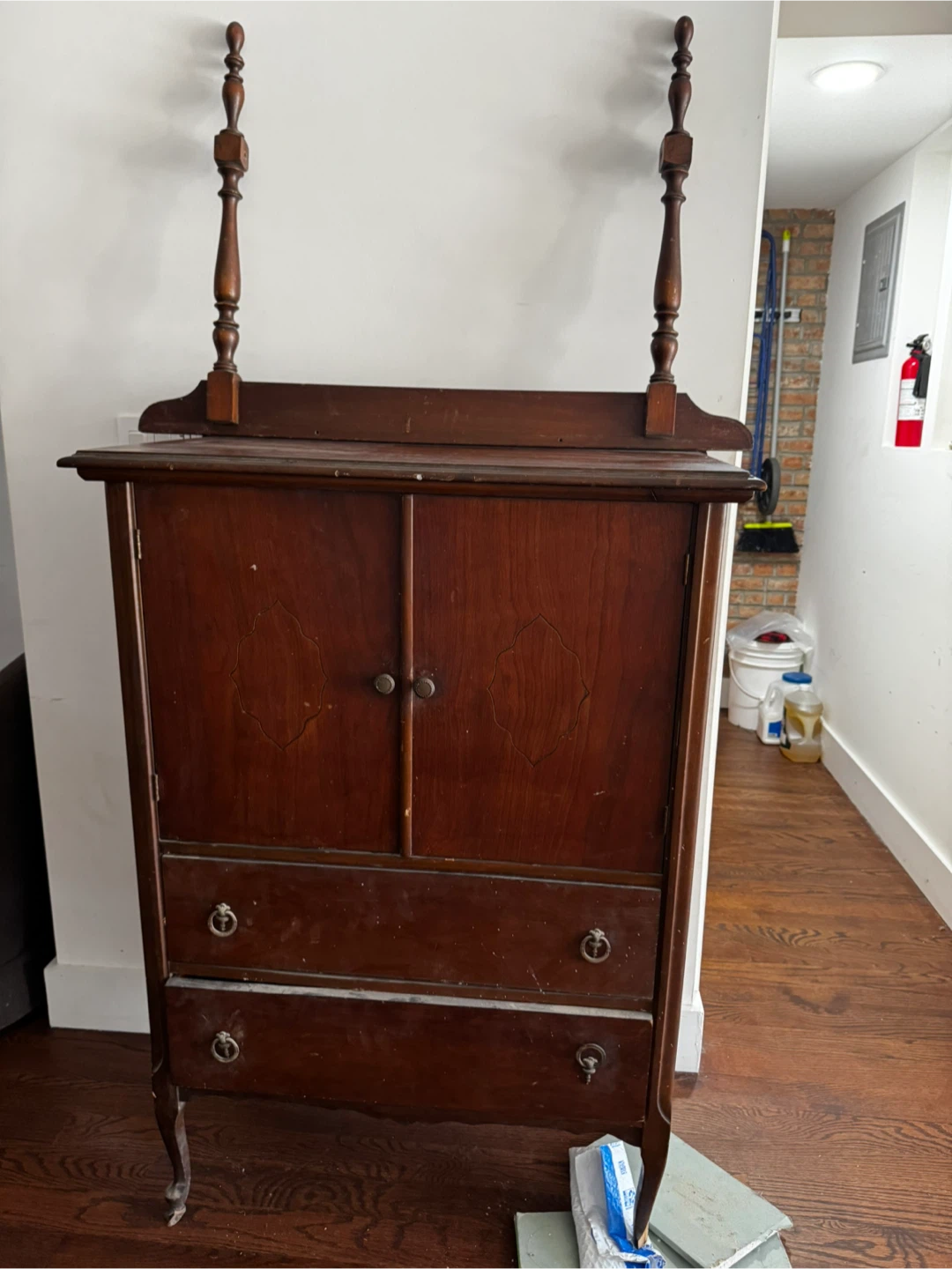 Antique Wood Cabinet with Drawers and Shelves