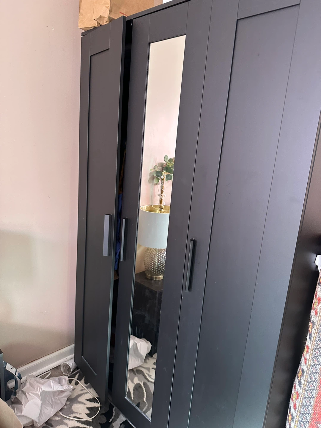 Black 3-Door Wardrobe with Mirror