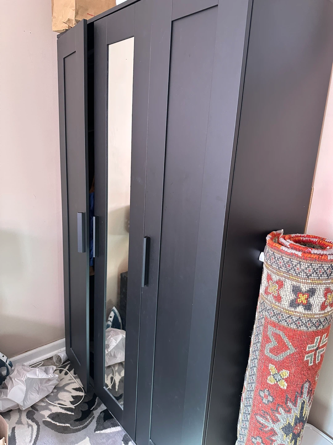 Black 3-Door Wardrobe with Mirror - photo 2