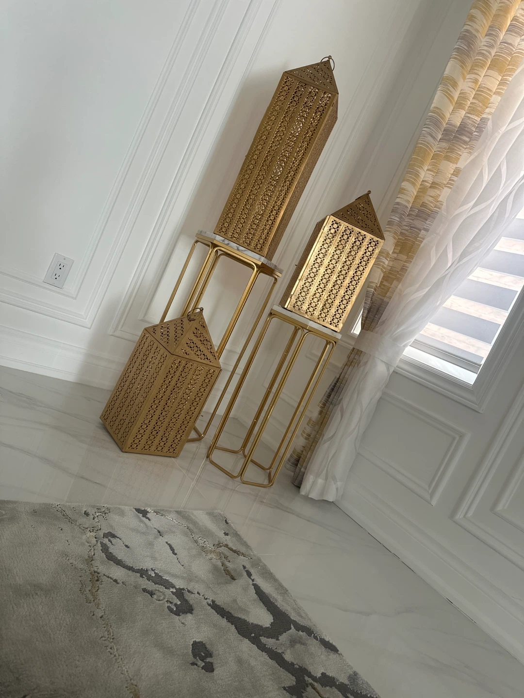 Set of 3 Gold Metal Lanterns with Stands