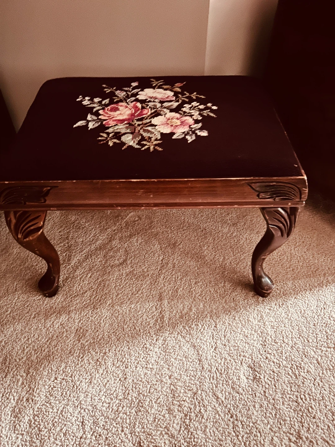 Solid mahogany wood stool with handmade Needlepoint seat