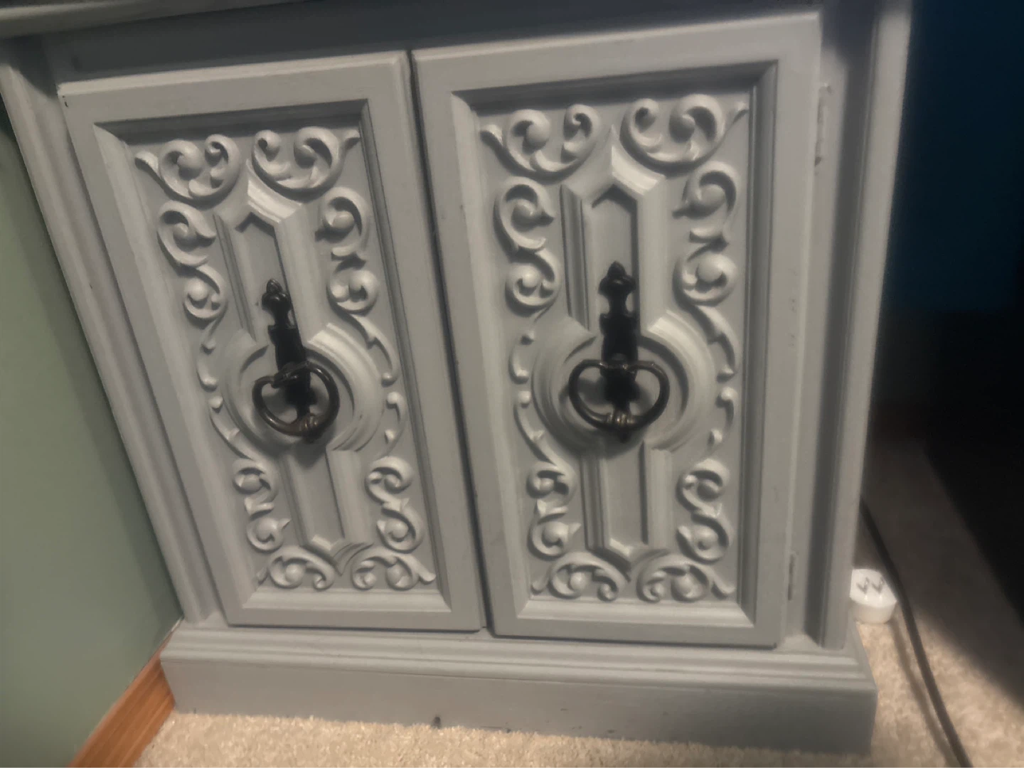 Vintage Grey Cabinet with Ornate Door Panels