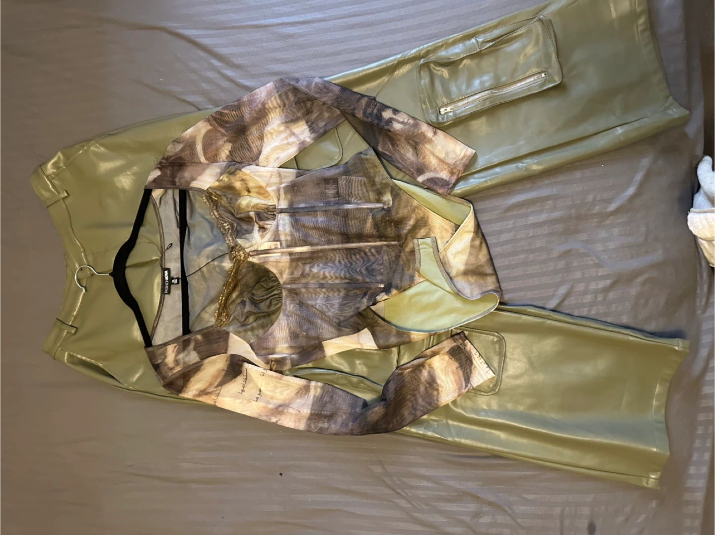 Fashion Nova Green Faux Leather Cargo Pants & Mesh Top Set