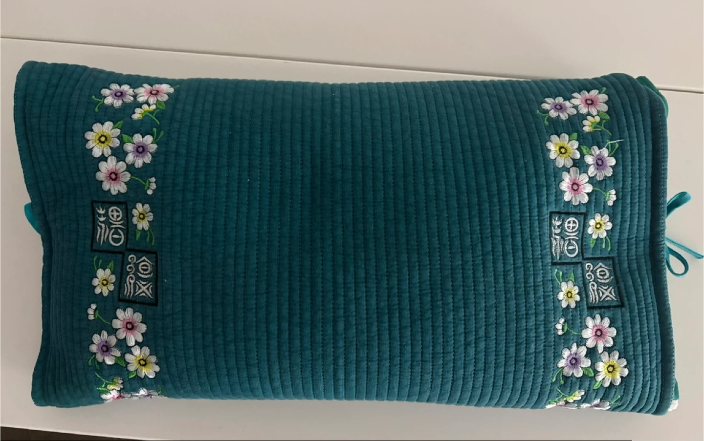 Teal Embroidered Bolster Pillow  made in Korea