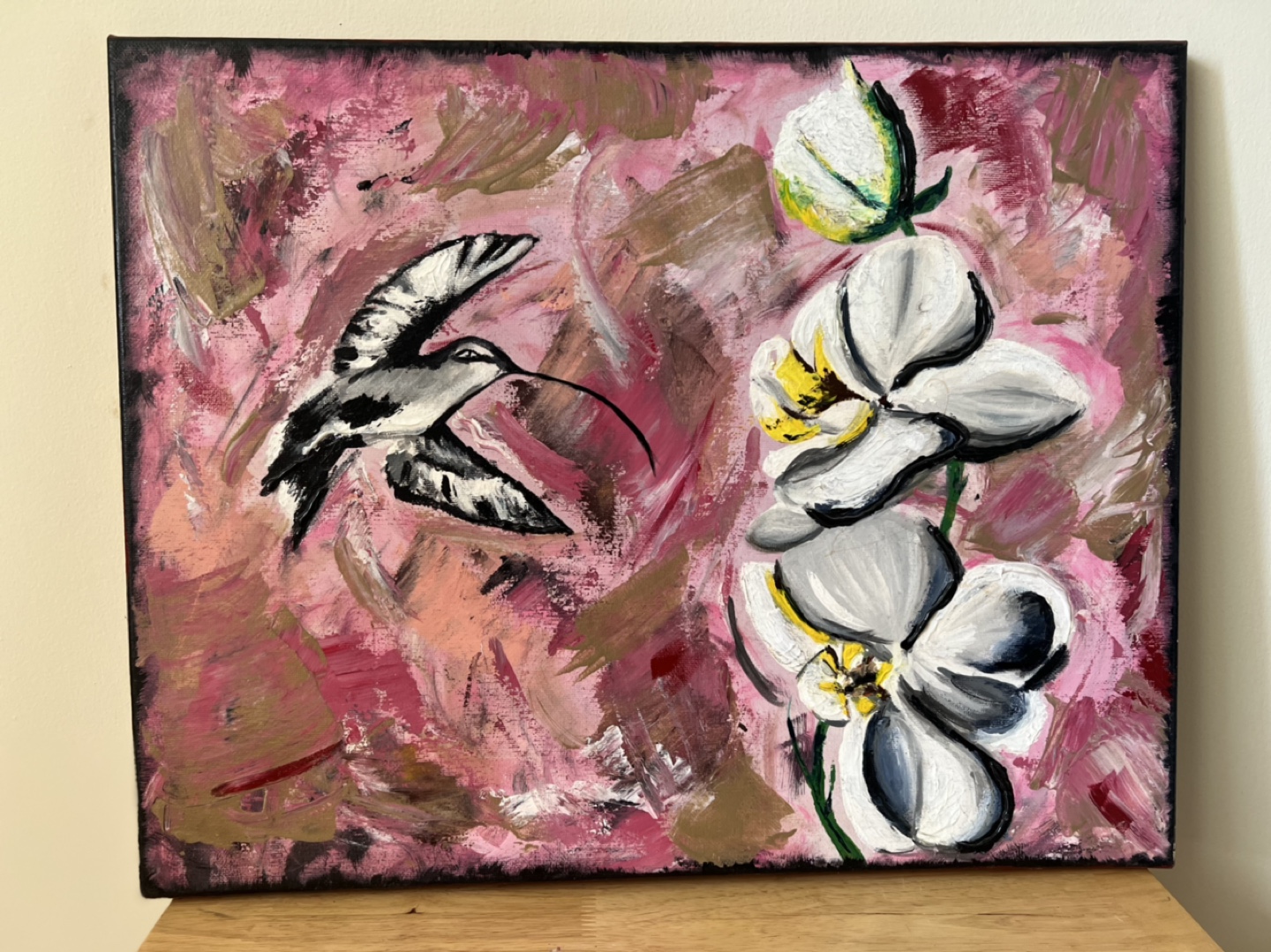Acrylic Painting with Hummingbird and Orchids - 20” x 16”