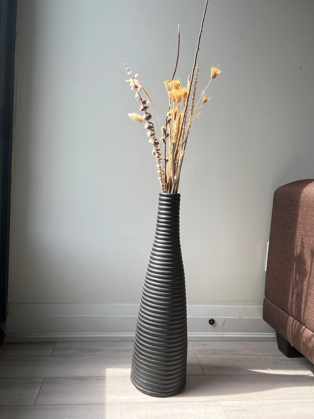 Tall Black ribbed Decorative Vase