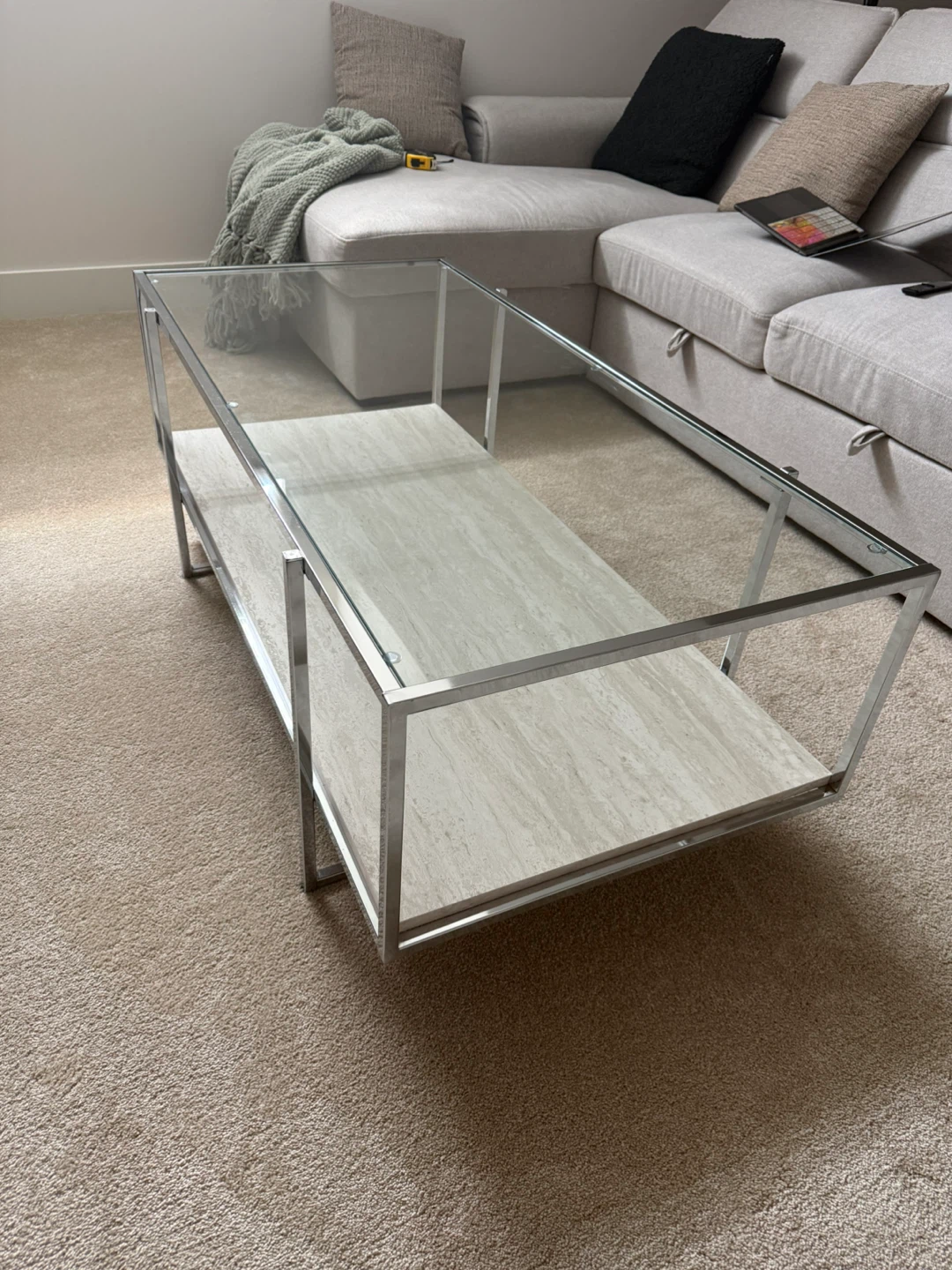 Glass and Metal Coffee Table with Stone Inlay Shelf - photo 3