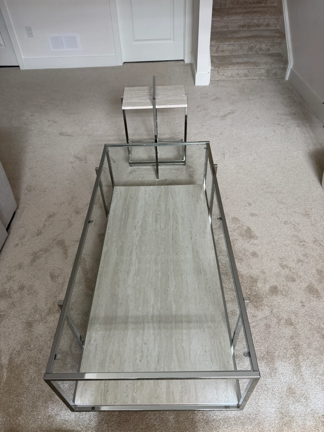 Glass and Metal Coffee Table with Stone Inlay Shelf