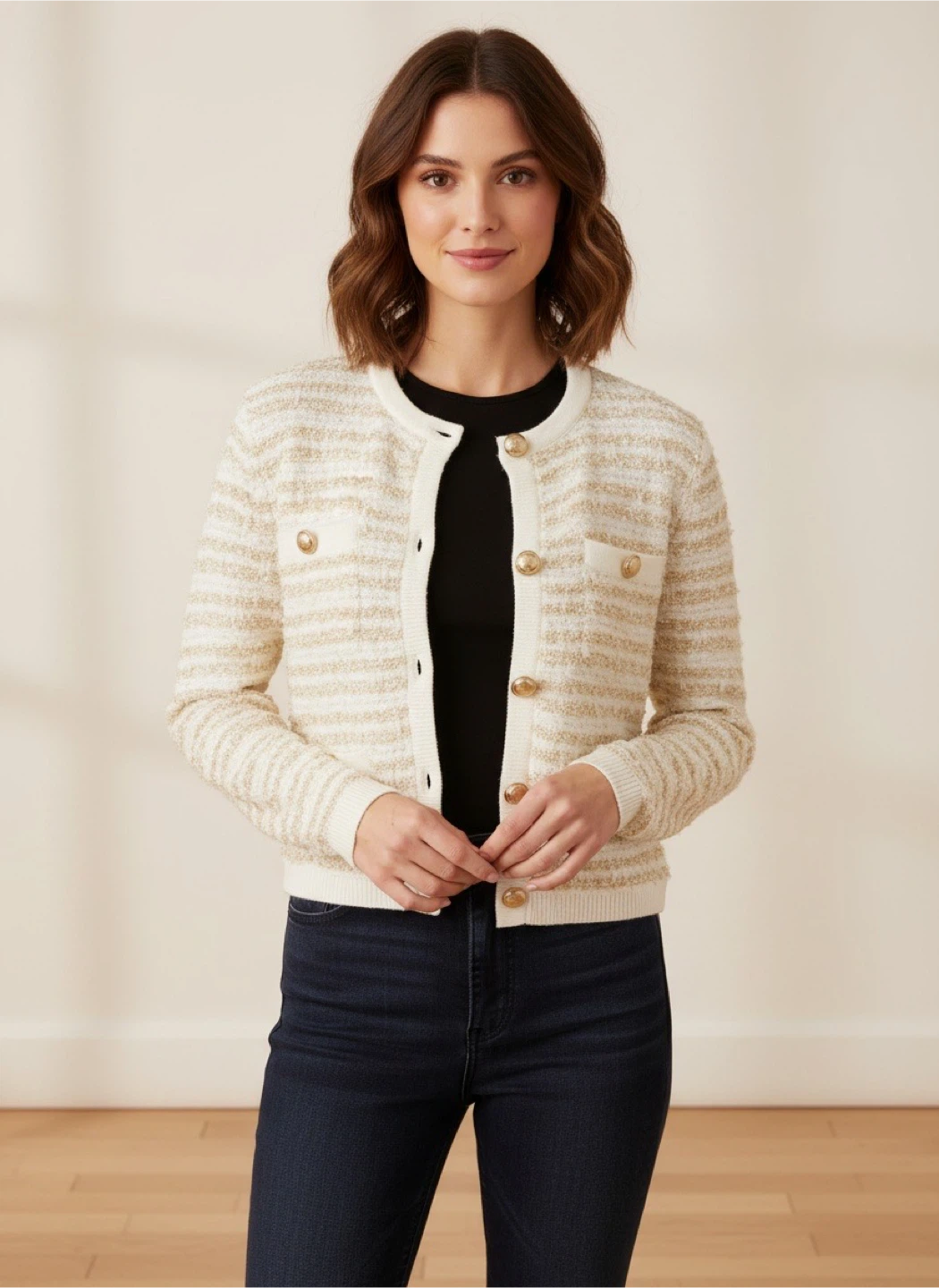 EXPRESS Women's-Front Cardigan Sweater - Cream/Gold - Size S