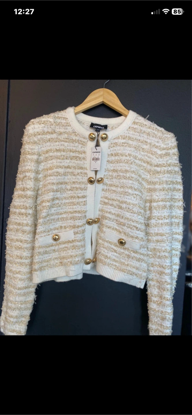 EXPRESS Women's-Front Cardigan Sweater - Cream/Gold - Size S - photo 3