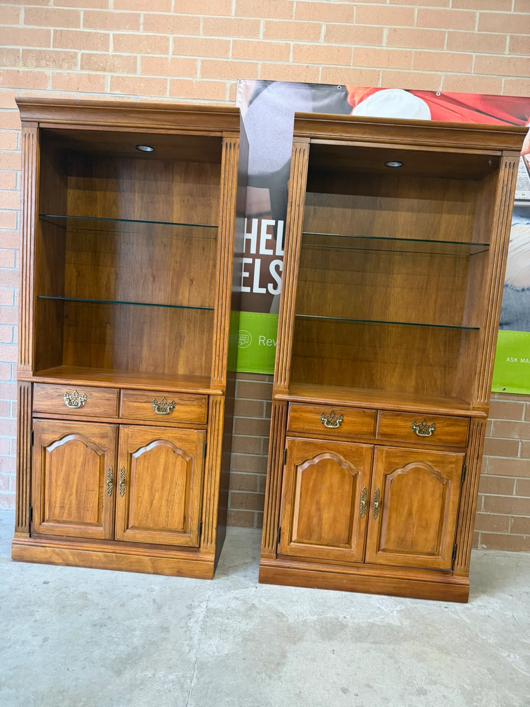 Thomasville Bookcase with Glass Shelves and Storage Cabinets