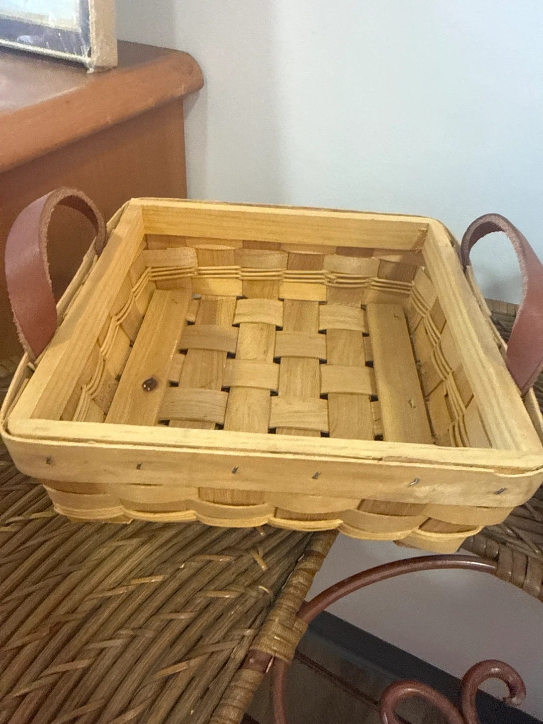 Woven Wood Basket with Leather Handles