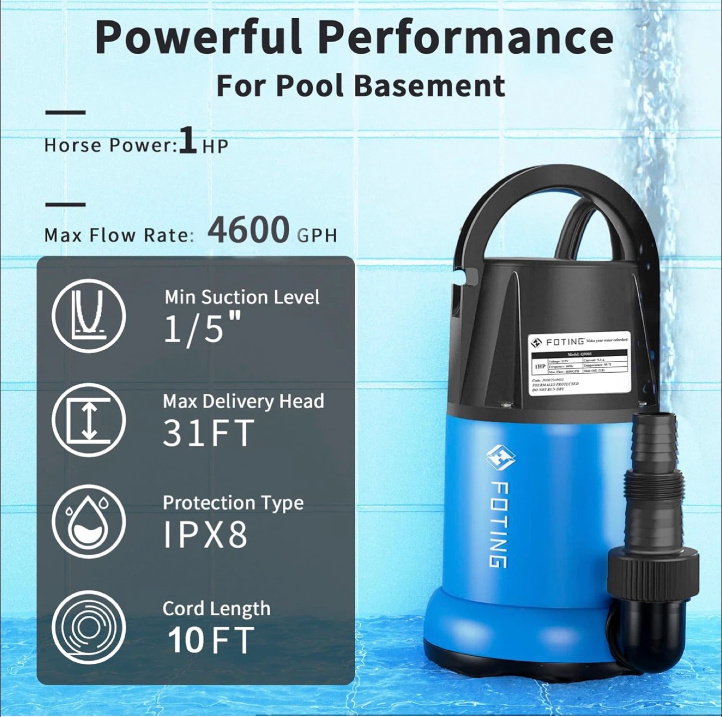 Sump Pump 1 HP 4600 GPH Clean/Dirty Submersible Water Pump