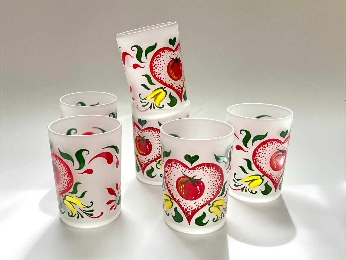 Set of 6 Vintage Frosted Tomato Glasses 1950s