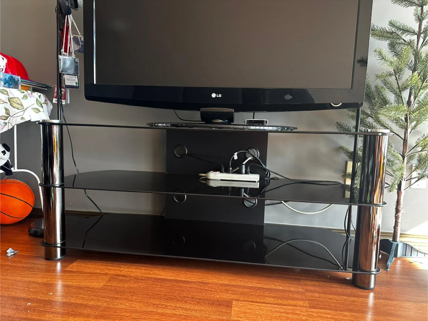 MOVING OUT SALE Black Glass TV Stand with Chrome Legs include TV
