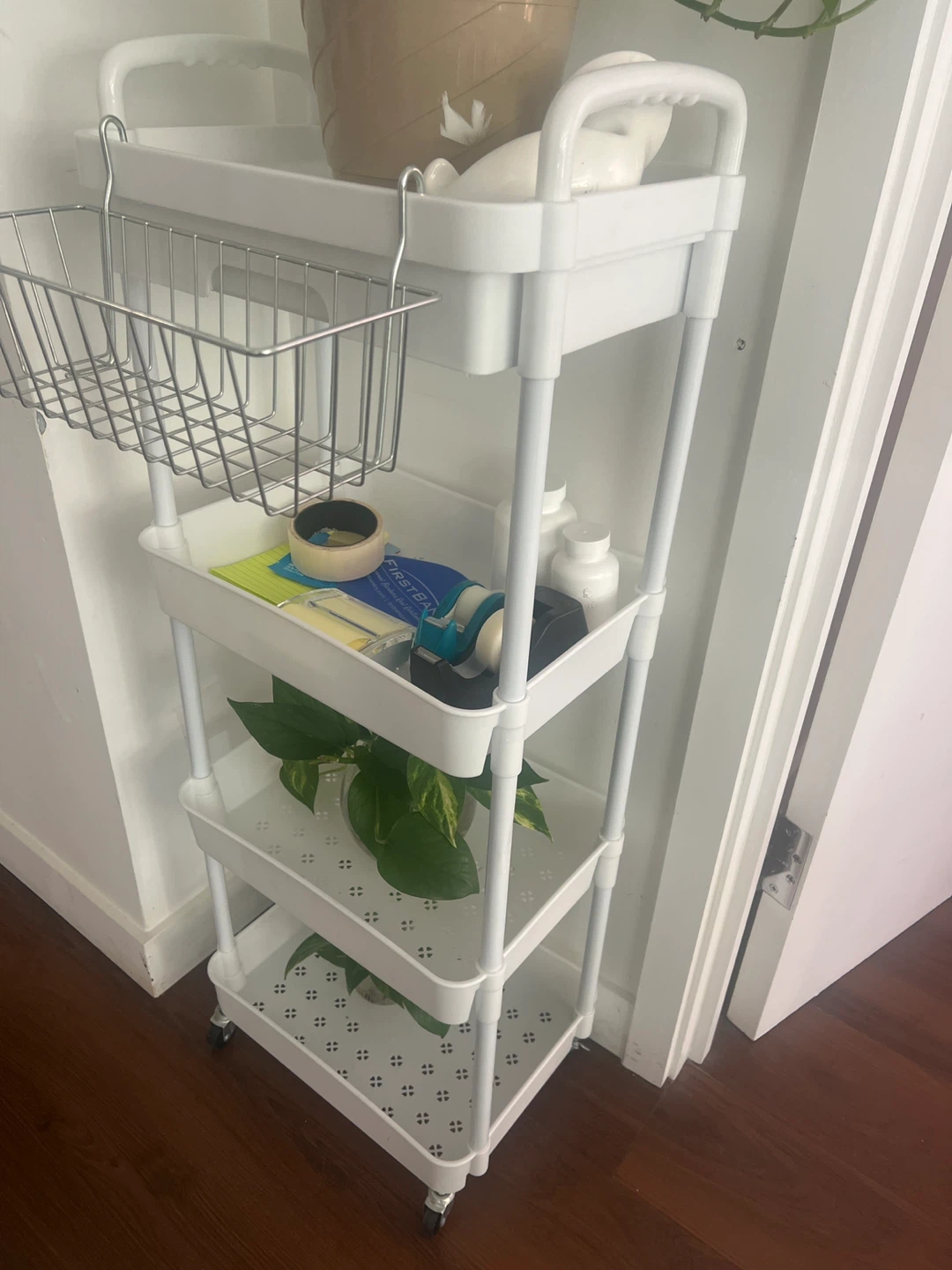 White 4-Tier Rolling Utility Cart with Basket 🥕