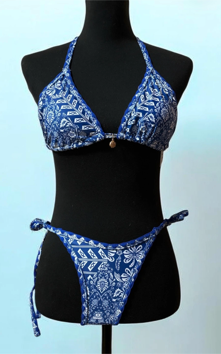 Blue and White Patterned Bikini - Size S