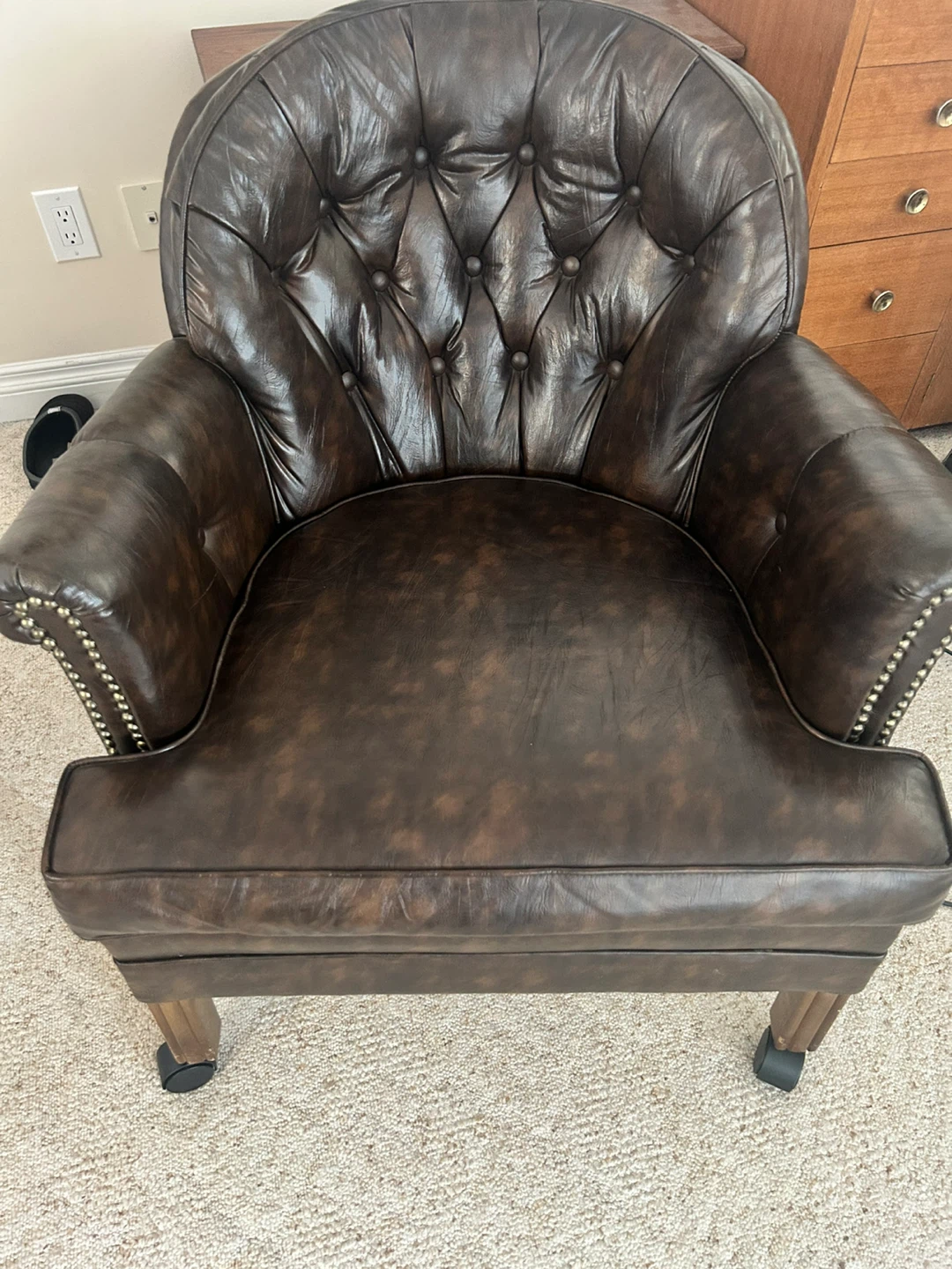 Three Tufted Brown Faux Leather Armchair with Casters