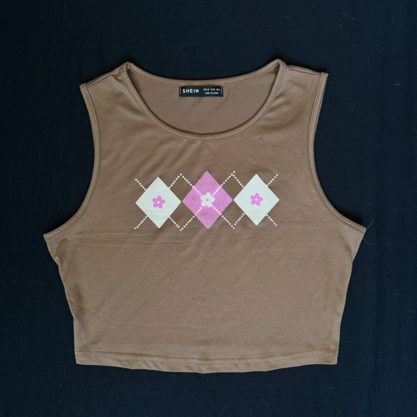 Brown Argyle Flower Crop Tank Top - Size M