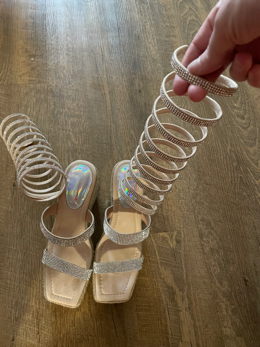 Espadrille Wedge Sandals with Rhinestone Spiral Straps