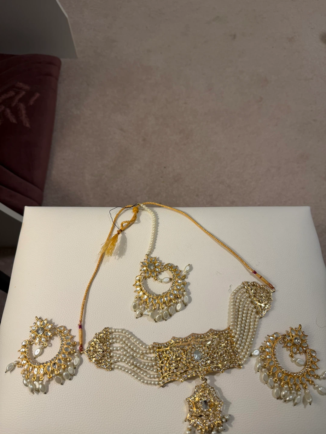 Gold and Pearl Choker Necklace Set with Earrings and Tikka - photo 2