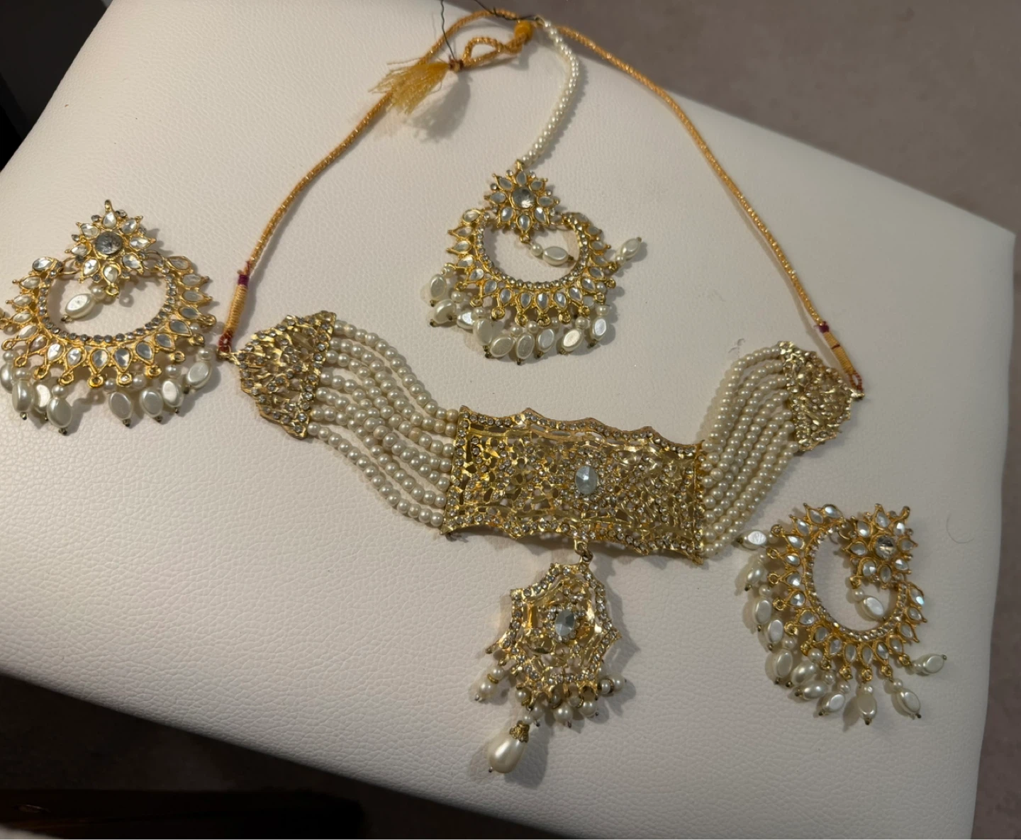 Gold and Pearl Choker Necklace Set with Earrings and Tikka