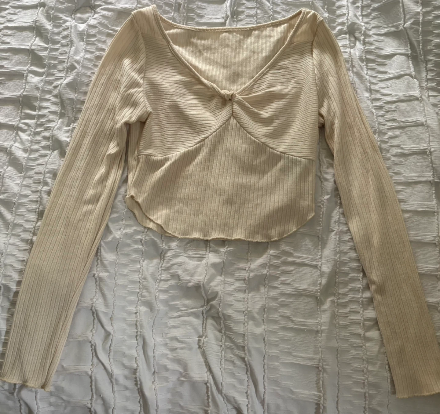 Cream Ribbed Twist Front Long Sleeve Top