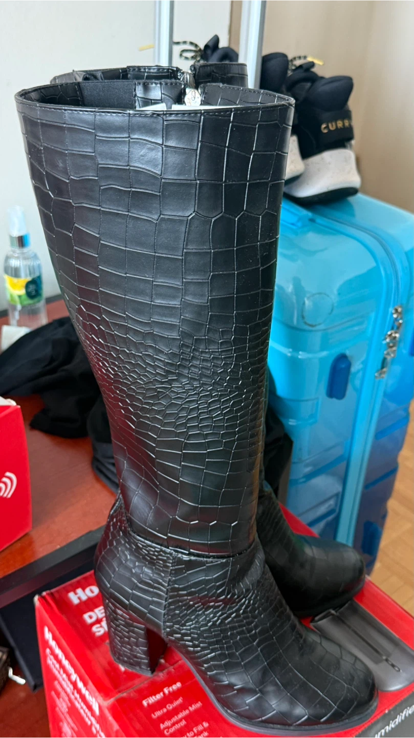 Black Knee-High Croc-Embossed Boots - Size 38