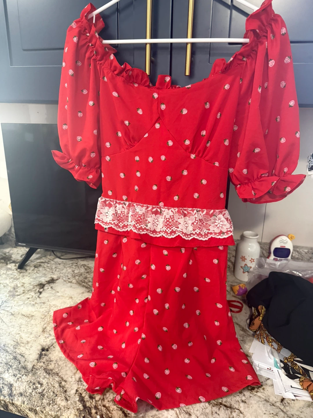 Red Strawberry Print Romper size M  check more pictures