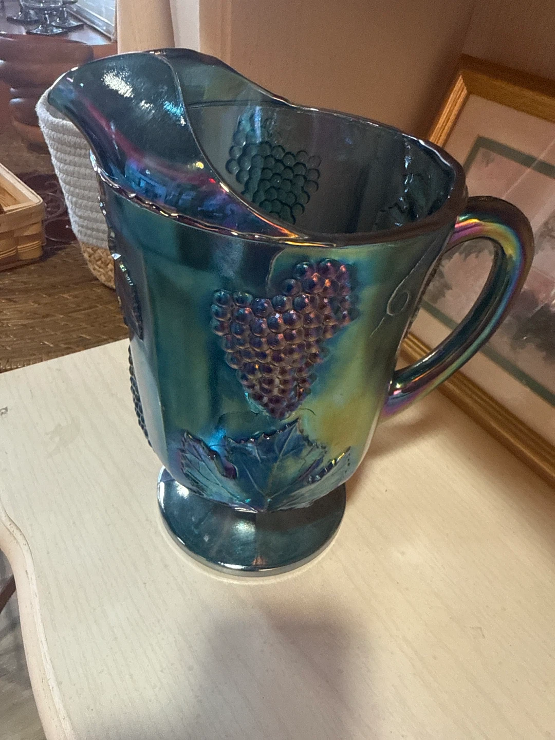 Carnival Glass Pitcher with Grape Leaf Design