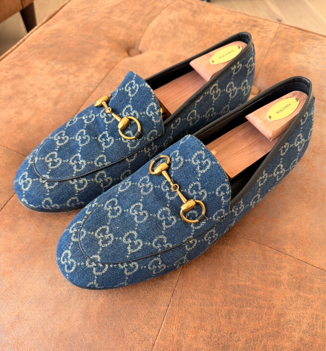 Gucci Princetown Loafers Blue Denim GG Monogram Gold Horsebit