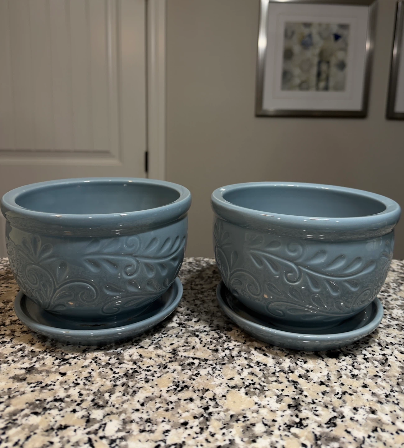 Set of 2 Blue Ceramic Planters with Saucers