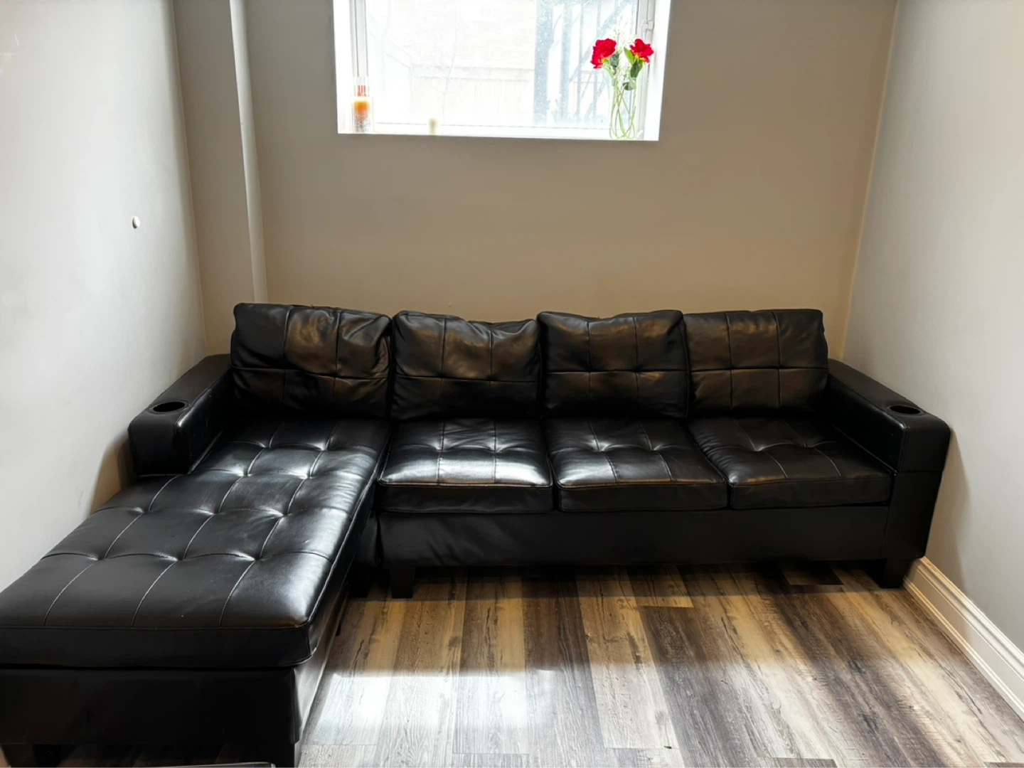 Black Faux Leather Sectional Sofa with Chaise - photo 2