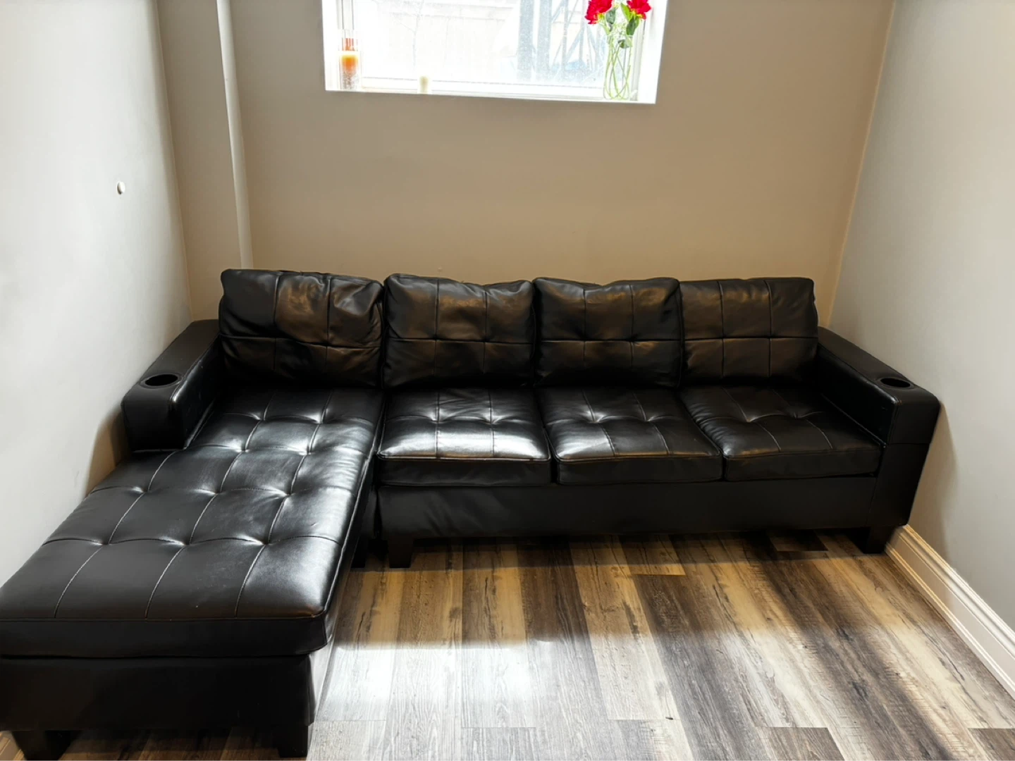Black Faux Leather Sectional Sofa with Chaise