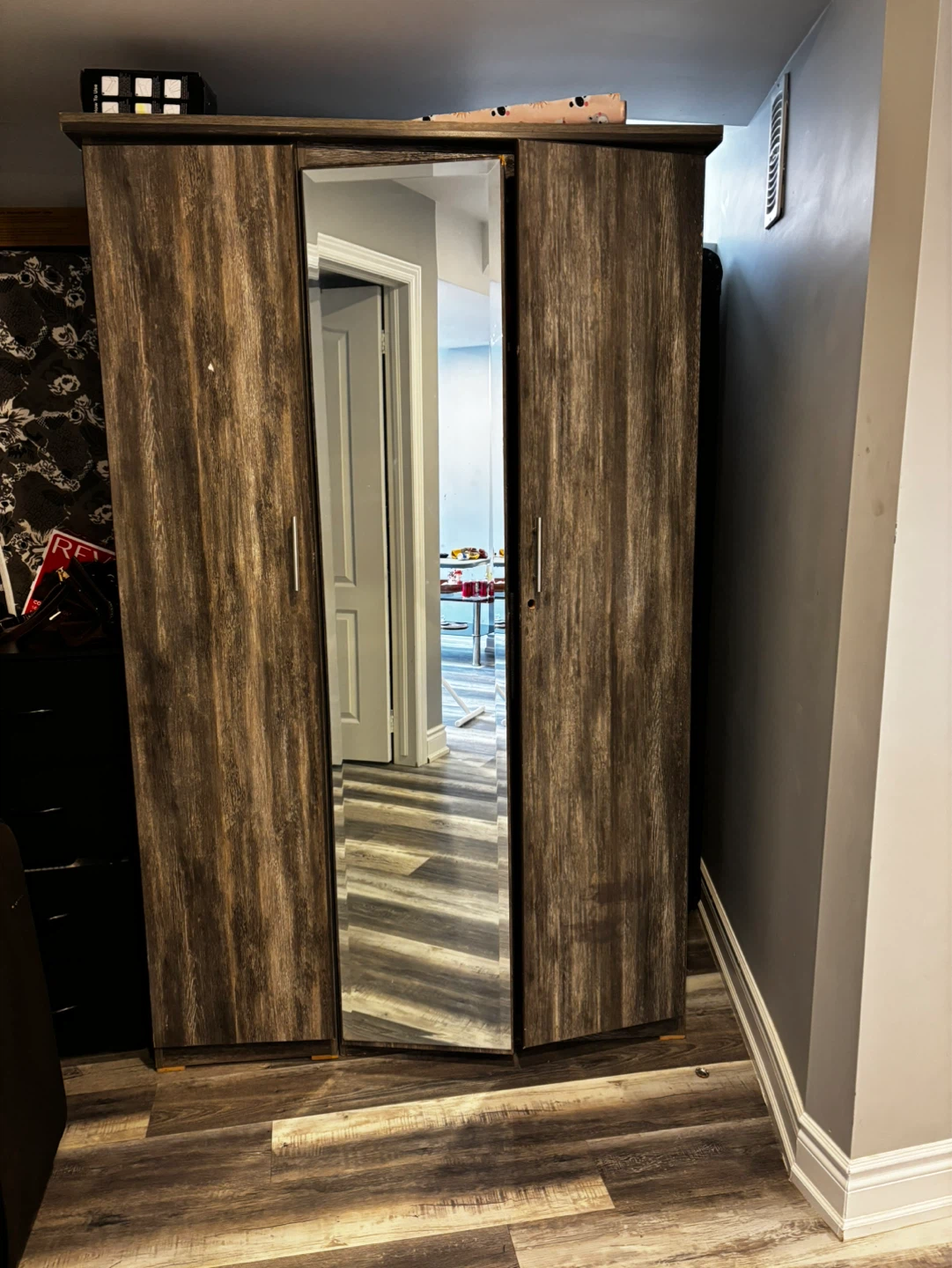 Dark Wood Wardrobe with Mirrored Doors