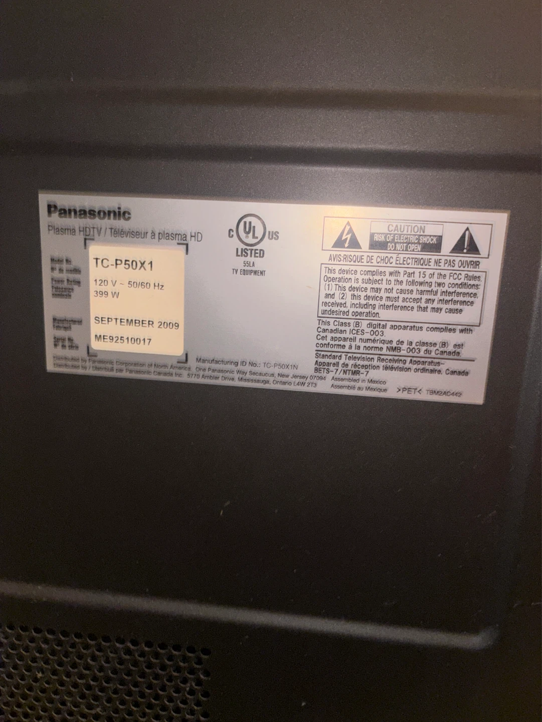 Panasonic Viera TC-P50X1 Plasma HDTV - photo 3
