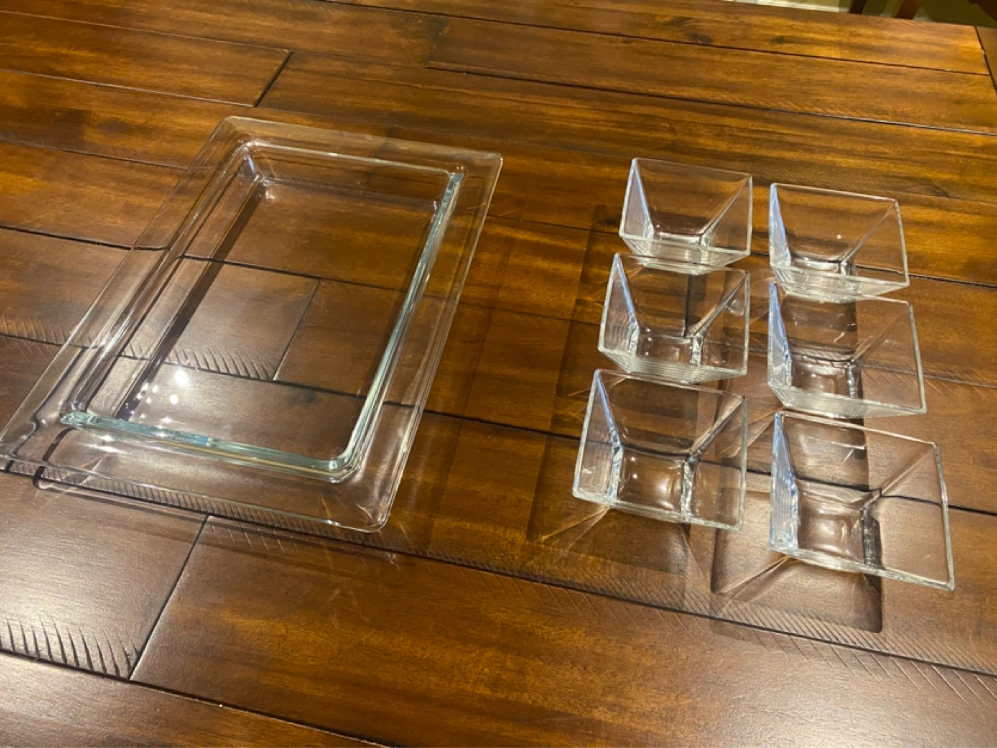 Set of 6 Glass Square Bowls and 1 Rectangular Serving Dish