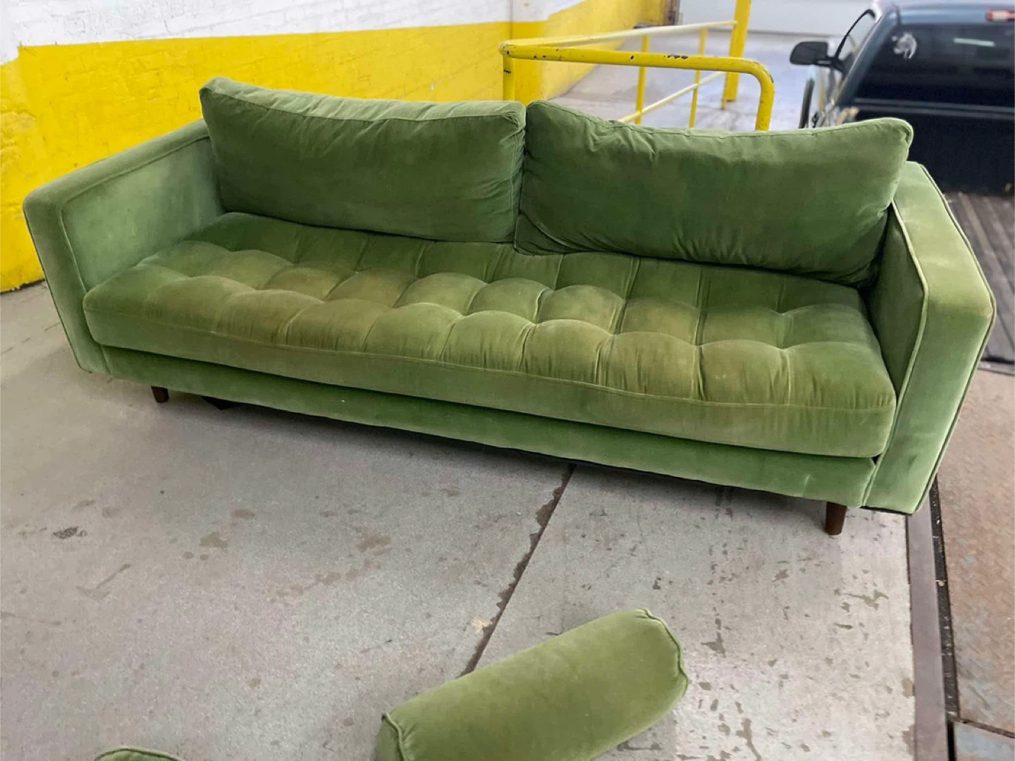 Green Velvet Tufted Sofa with Throw Pillows