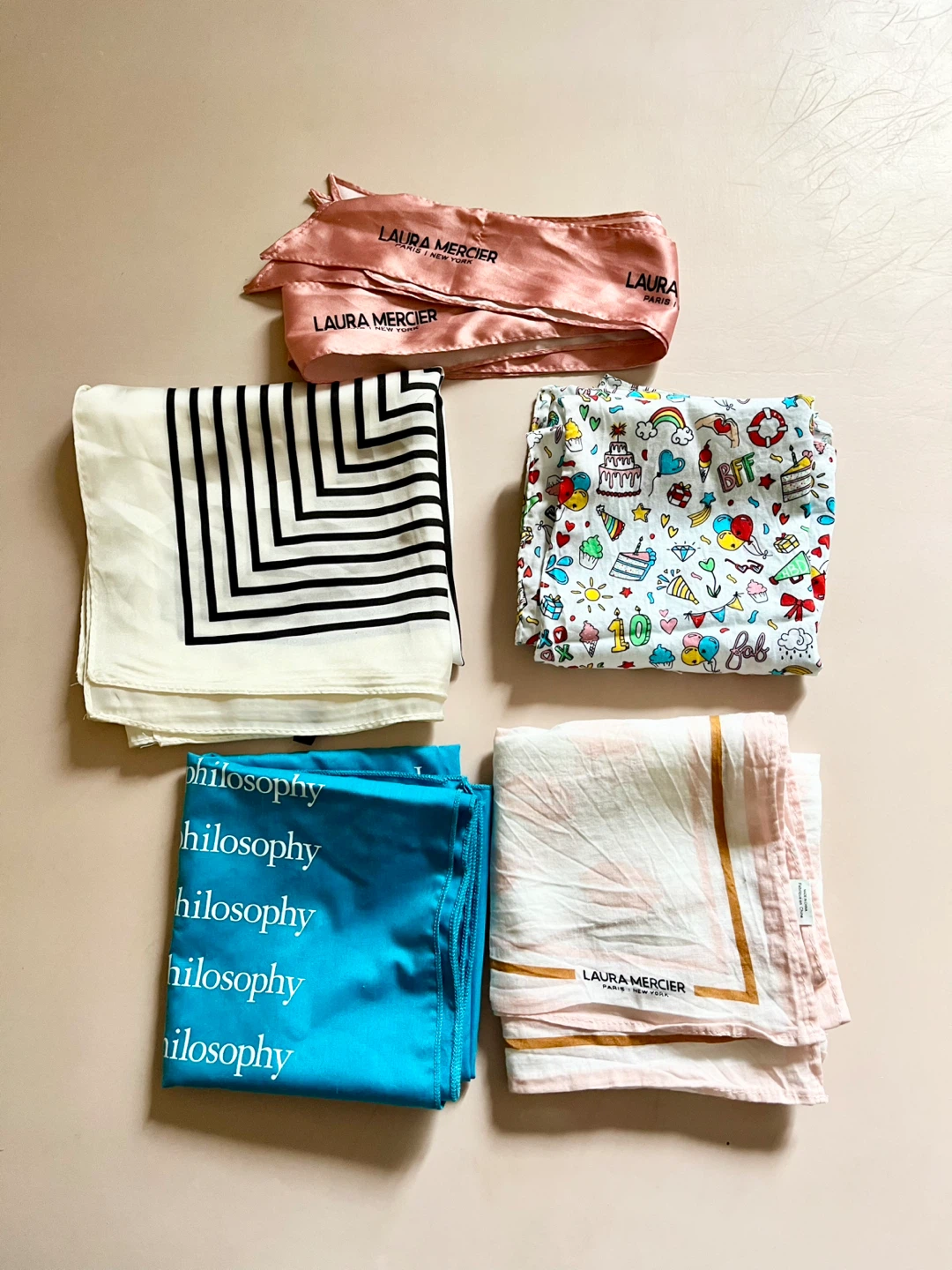 Bundle of 5 Scarves: Laura Mercier, Dell'Ama, Philosophy