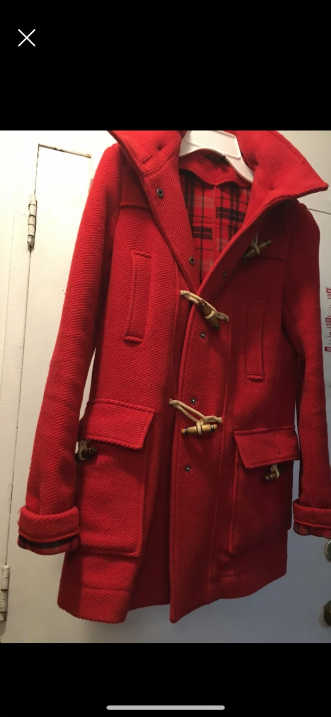 Red toggle coat with plaid lining