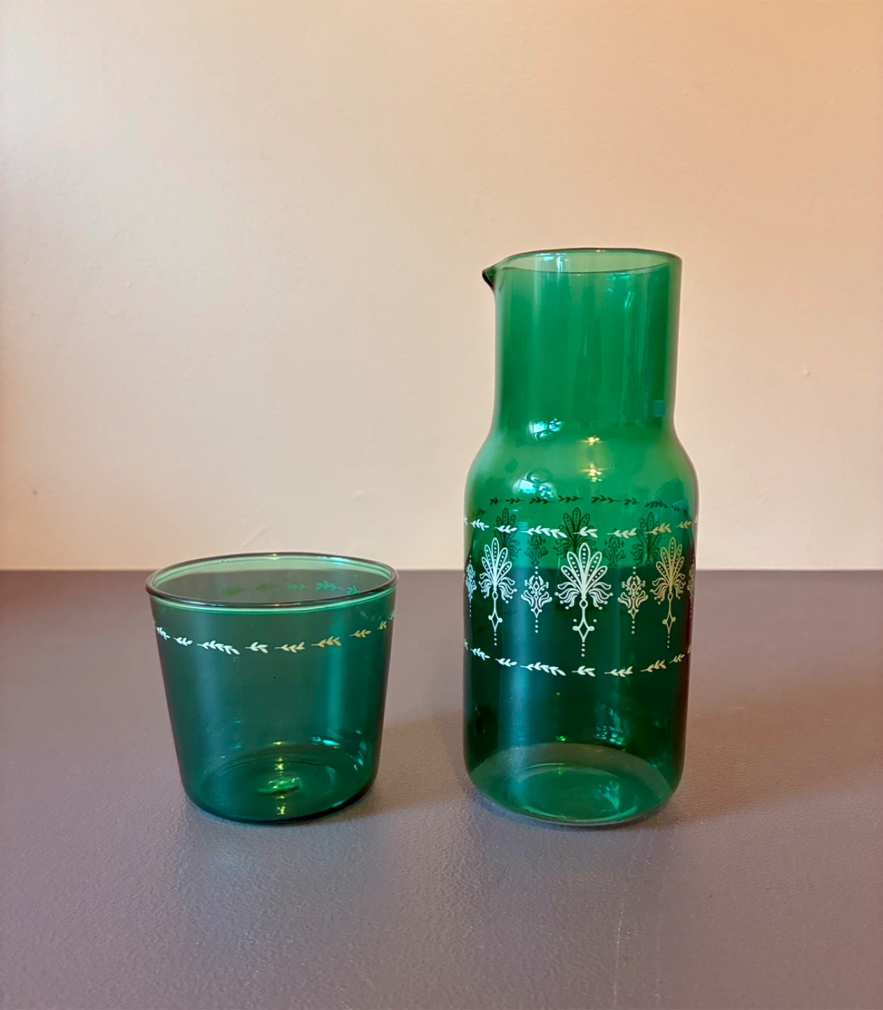 Victorian Style Green Glass Bedside 2pc Water Carafe And  Glass