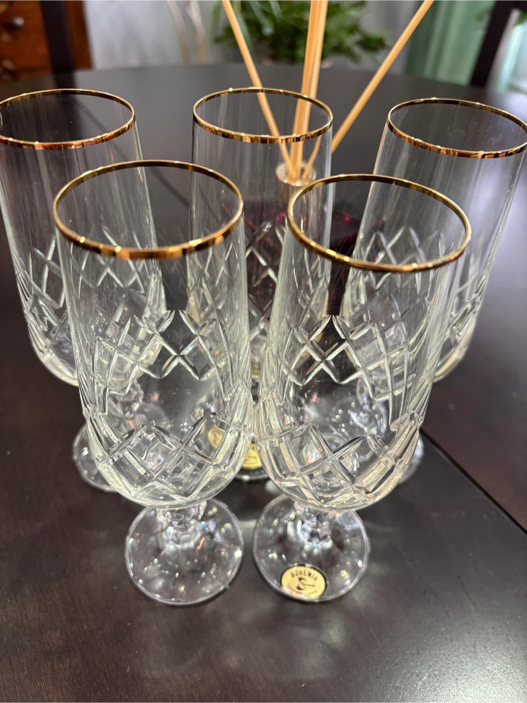 Set of 10 Crystal Flutes with Gold Rim