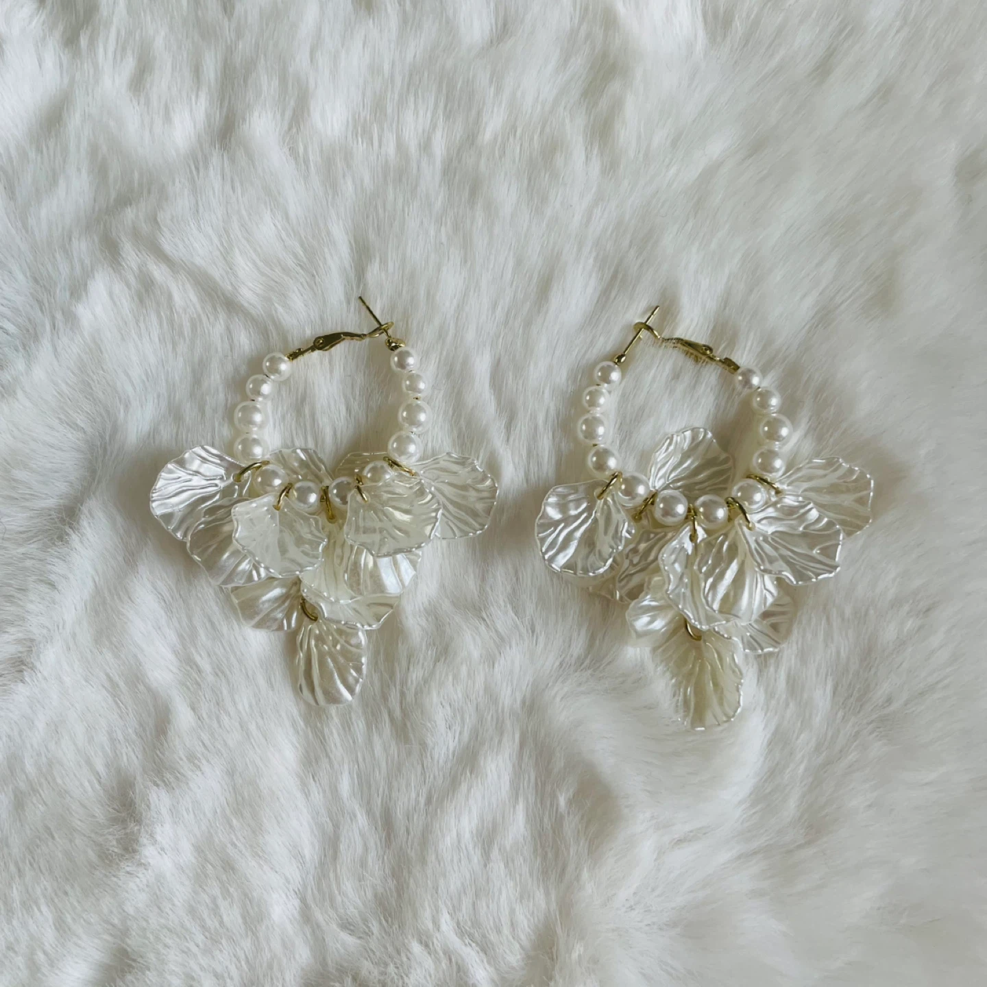 White Petal Pearl Hoop Earrings