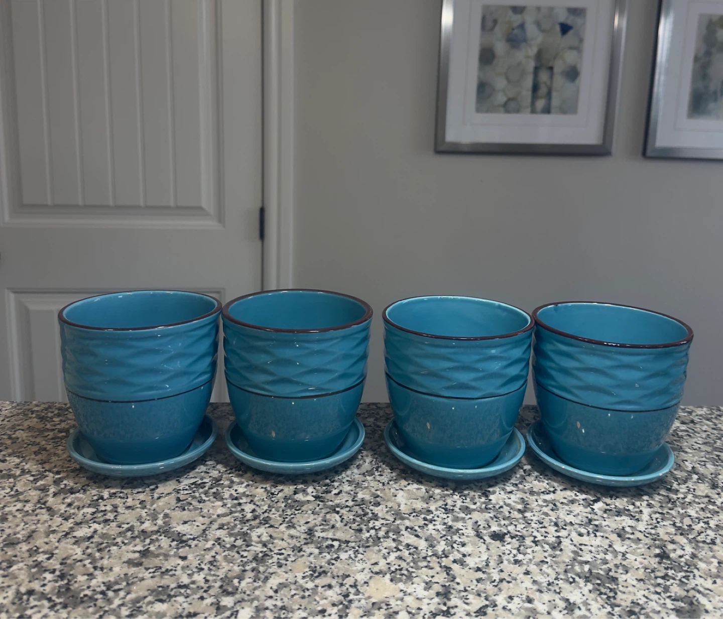 Set of 4 Blue Ceramic Planters with Saucers