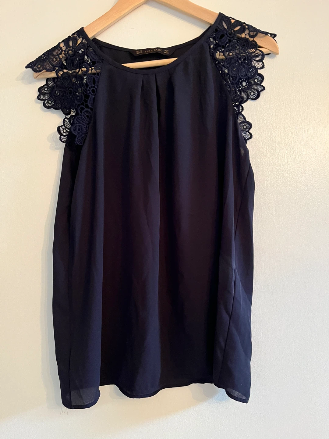 Zara Basic Navy Blue Lace Shoulder Blouse