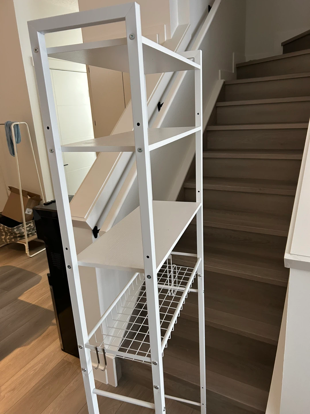 White 4-Tier Metal Shelf Unit with Wire Basket - photo 2
