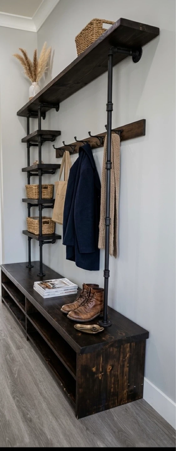 Rustic Industrial Pipe Hall Tree Bench with Shelving and Hooks - photo 2