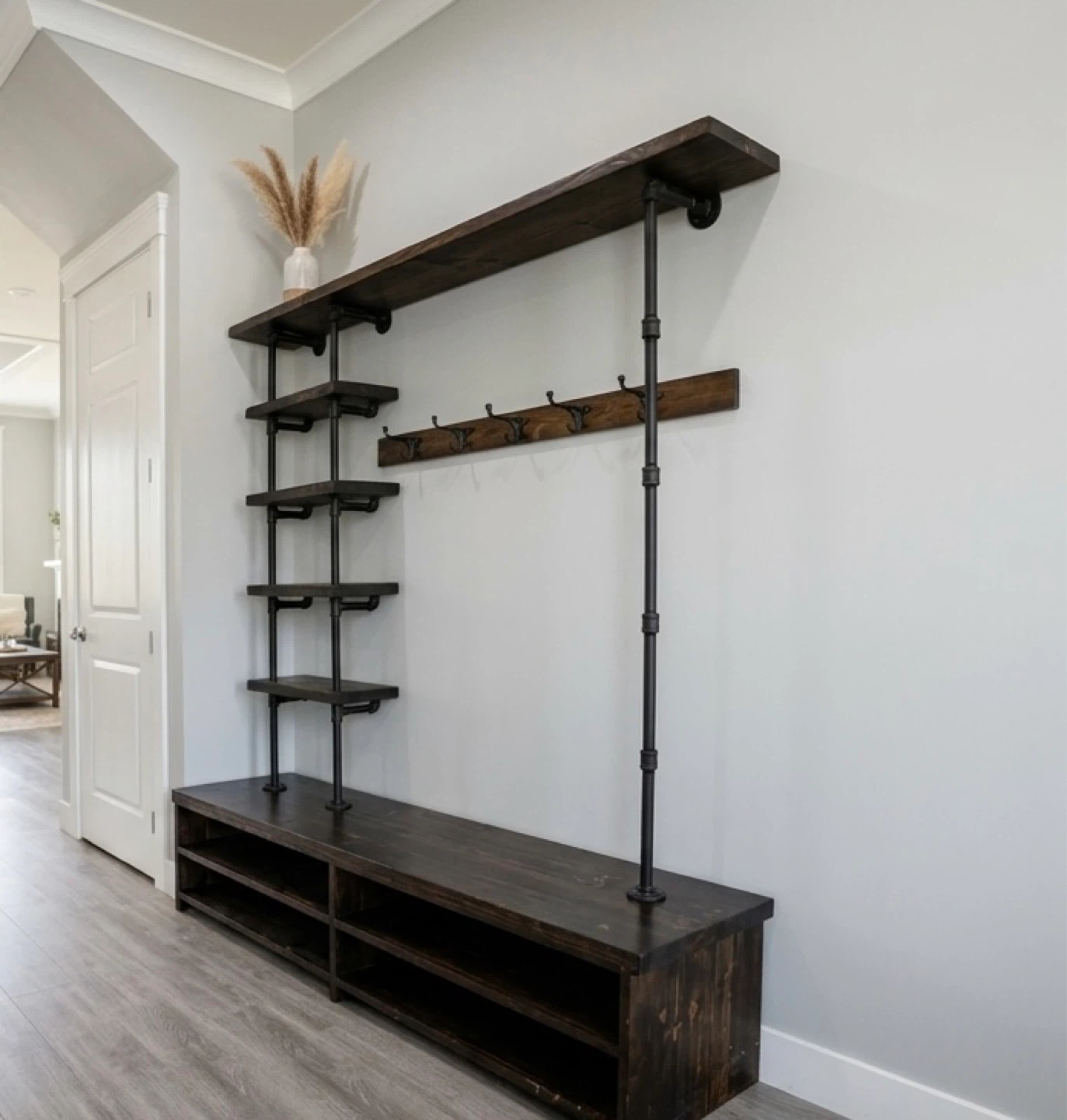 Rustic Industrial Pipe Hall Tree Bench with Shelving and Hooks