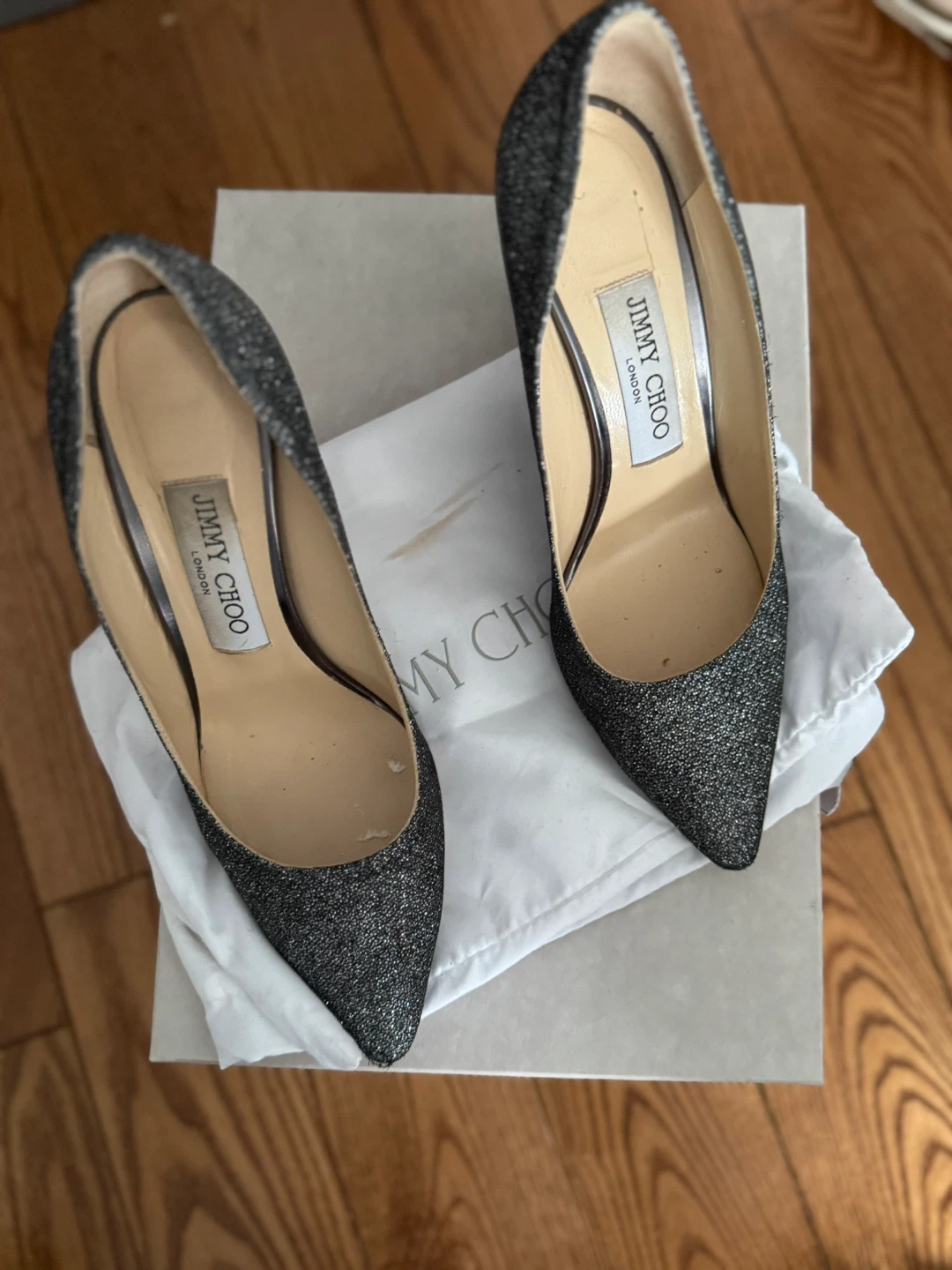 Jimmy Choo Romy 85 Heels Size 36 Anthracite Glitter Lamé Glitter