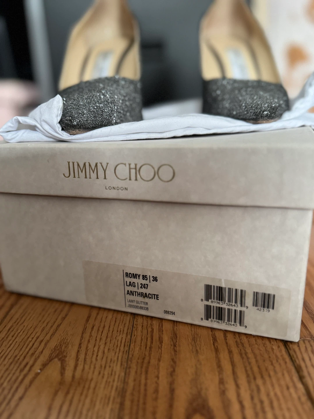 Jimmy Choo Romy 85 Heels Size 36 Anthracite Glitter Lamé Glitter - photo 4